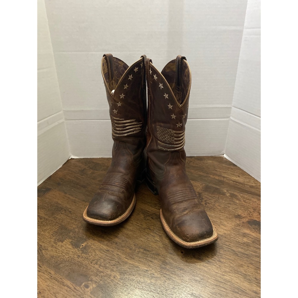 Ariat Mens Western Boots Brown Leather American Flag Stars Square Toe Distressed